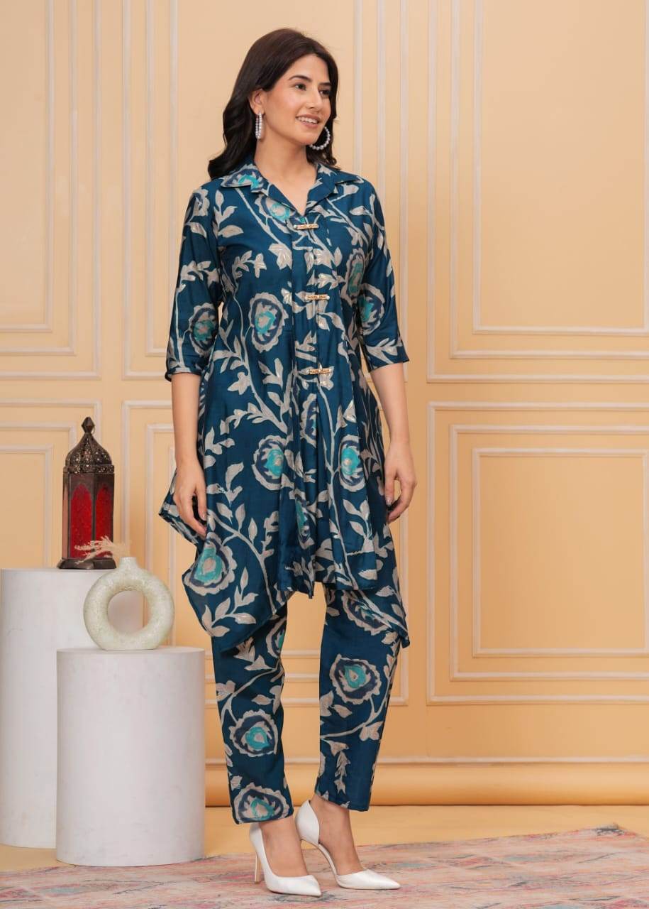 Pure muslin fabric collar-button pattern co-ord set - Eraya