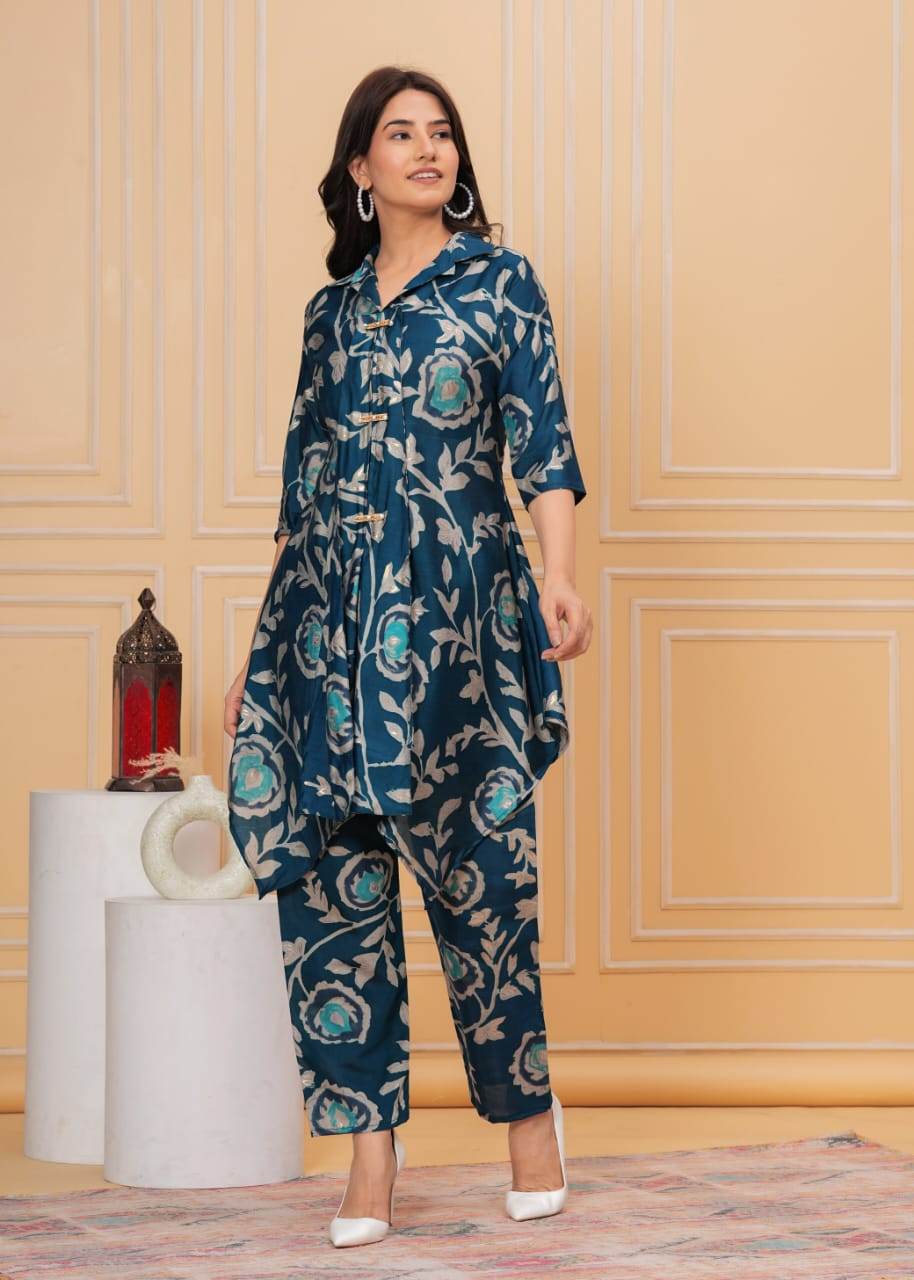 Pure muslin fabric collar-button pattern co-ord set - Eraya