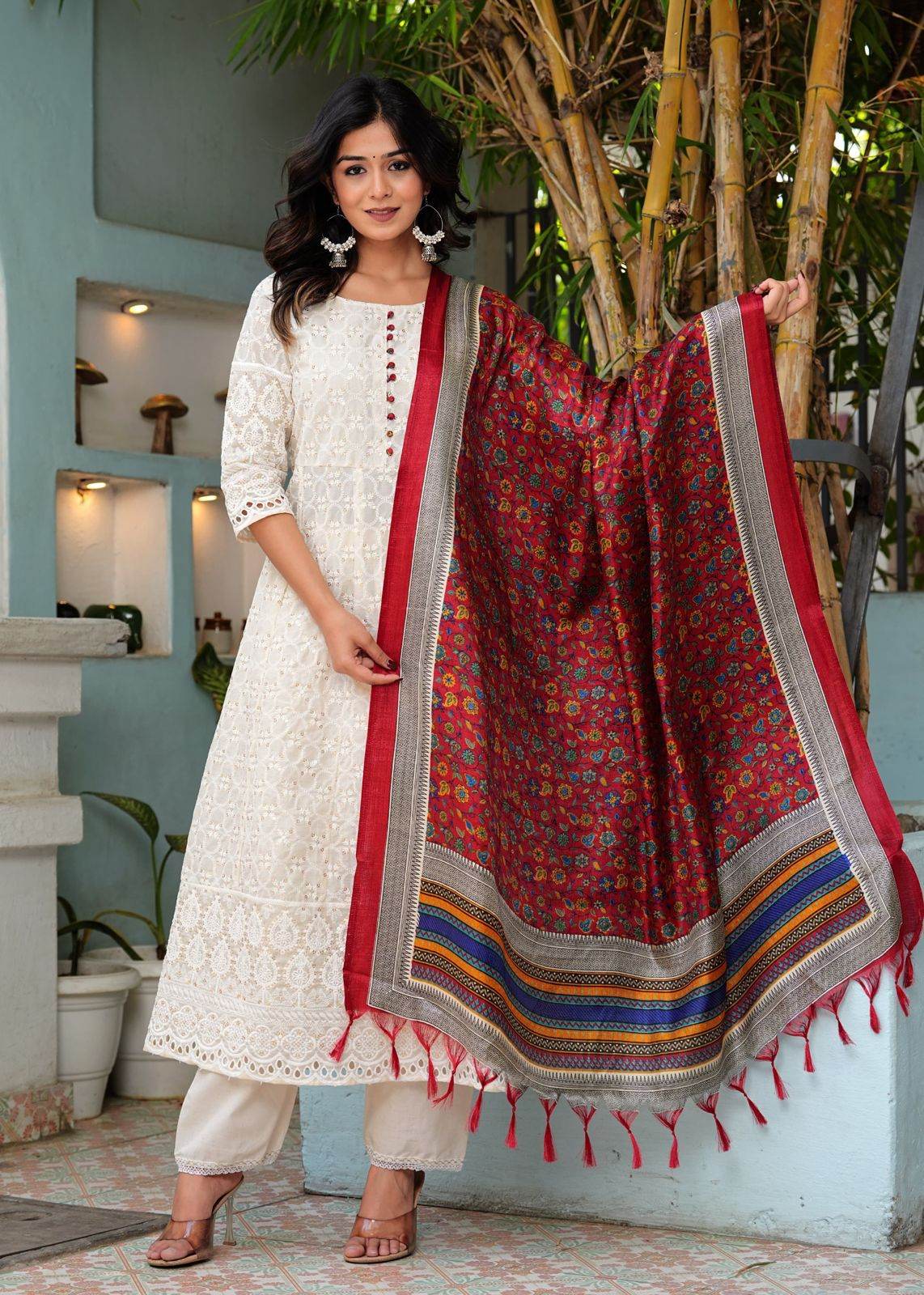 Pure lucknowi chikankari anarkali kurta with chanderi digital print dupatta - Eraya