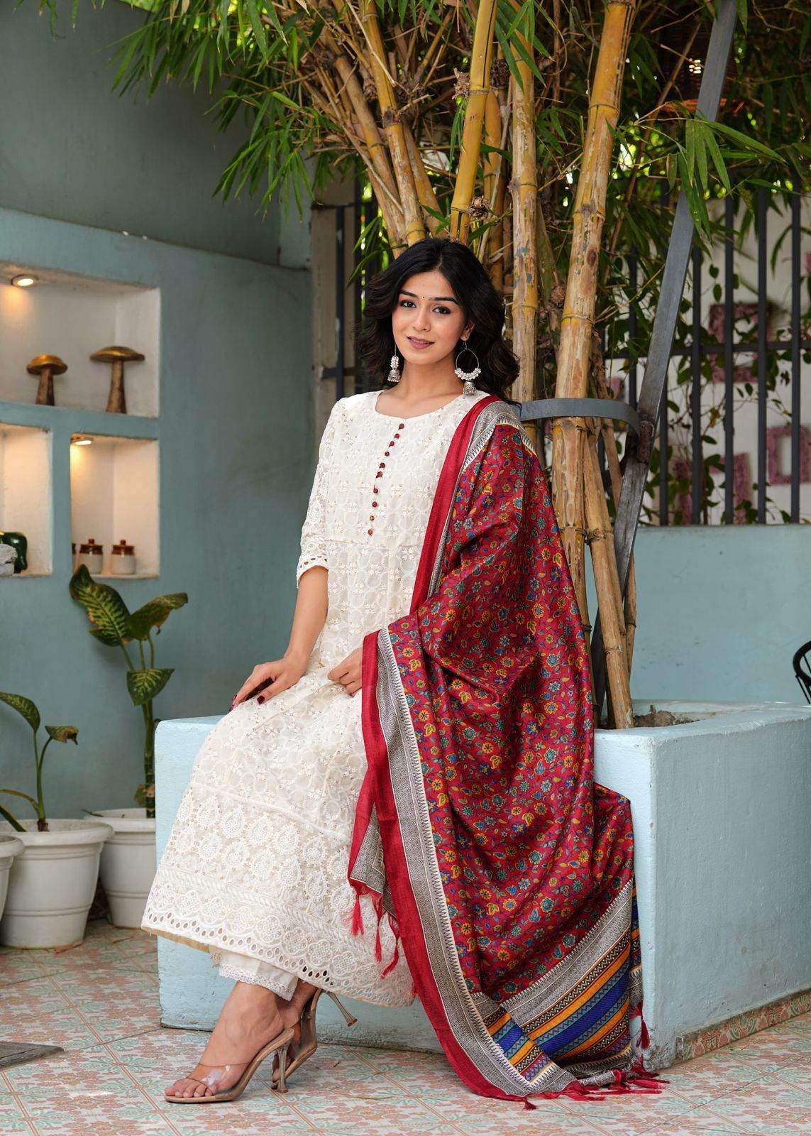 Pure lucknowi chikankari anarkali kurta with chanderi digital print dupatta - Eraya