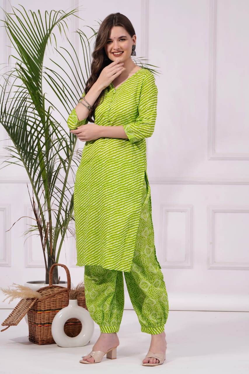 Pure cotton lahariya print kurti-pant set_4 colours - Eraya
