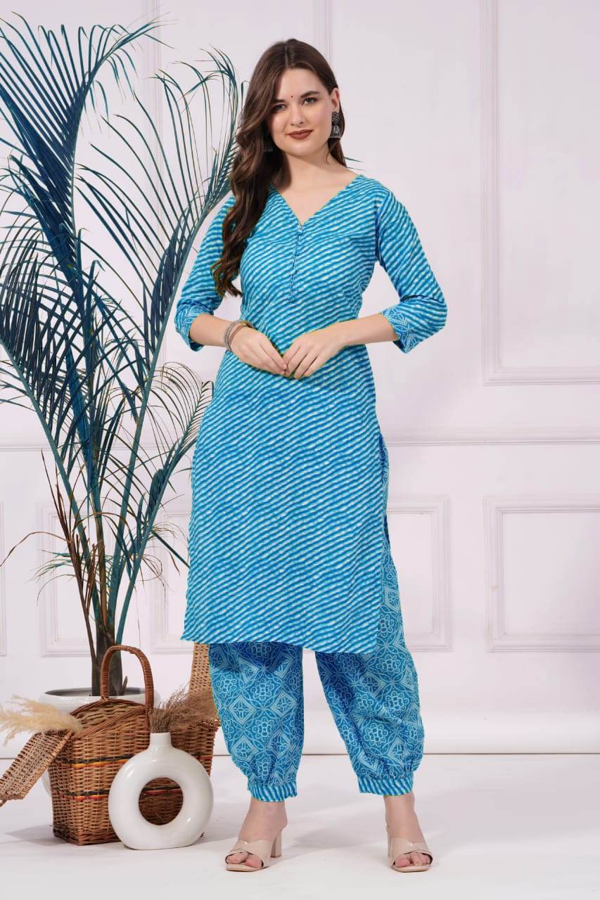 Pure cotton lahariya print kurti-pant set_4 colours - Eraya