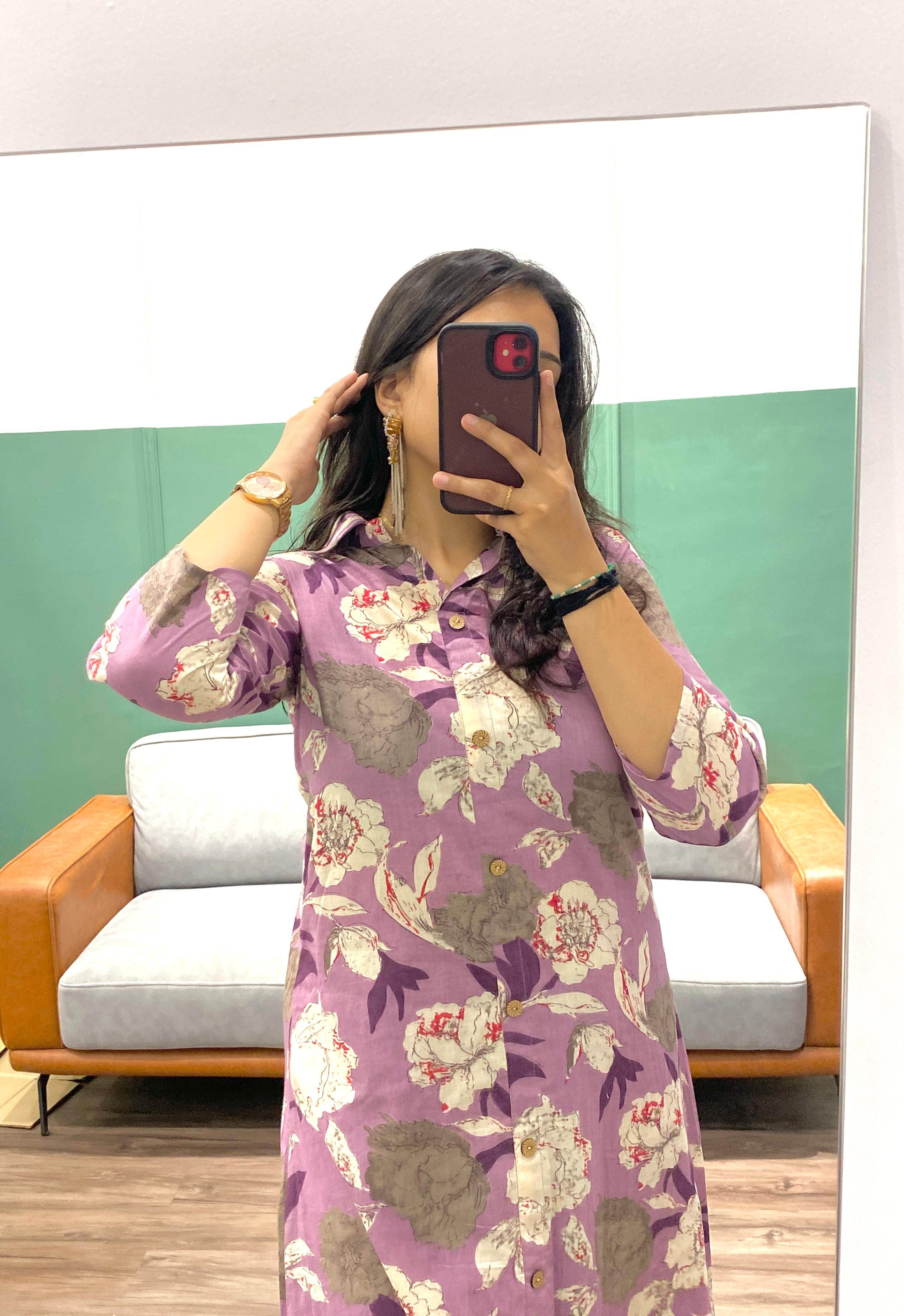 Floral printed collar pattern cotton fabric co-ord set - Eraya