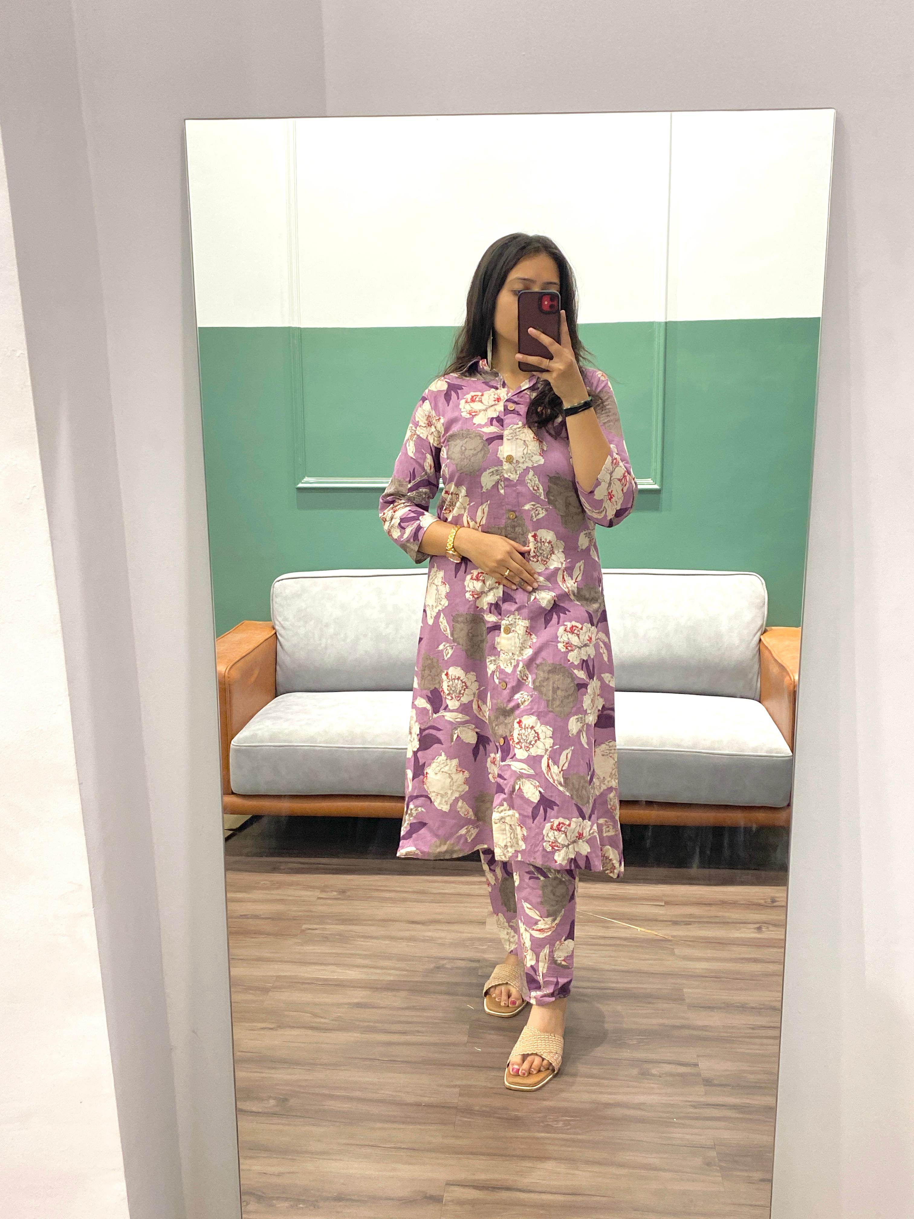 Floral printed collar pattern cotton fabric co-ord set - Eraya