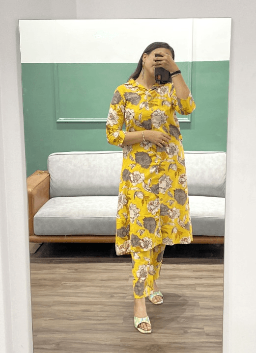Floral printed collar pattern cotton fabric co-ord set - Eraya