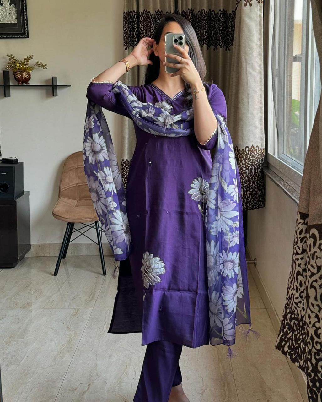 Beautiful kurta set with heavy embroidery, lace work on yoke with pant and silk dupatta - Eraya