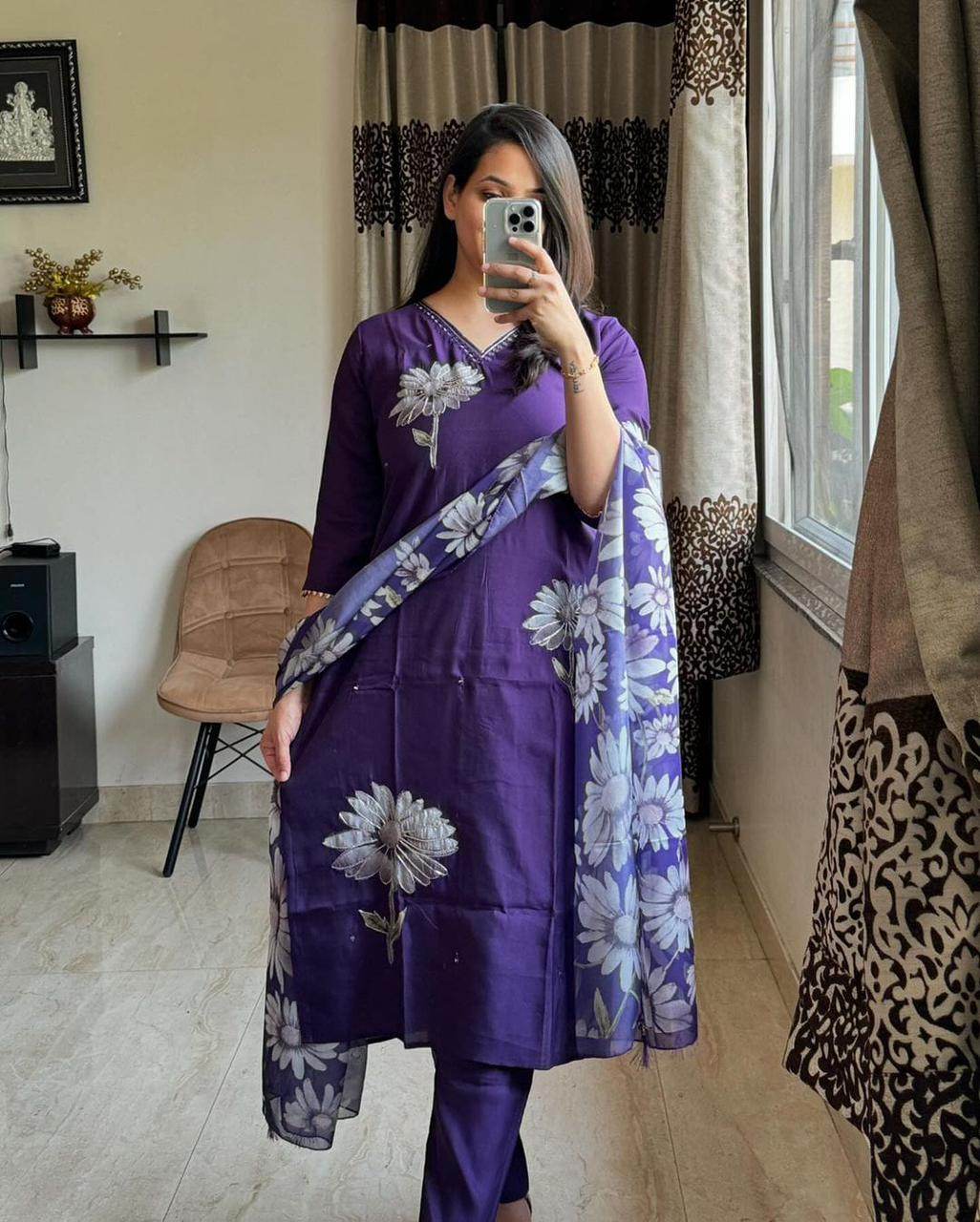 Beautiful kurta set with heavy embroidery, lace work on yoke with pant and silk dupatta - Eraya