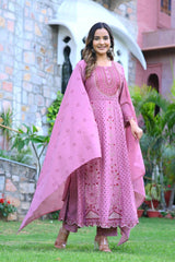 Beautiful schiffli sequence embroidery work anarkali kurti, cotton mulmul dupatta and pant set - Eraya