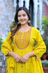 Beautiful schiffli sequence embroidery work anarkali kurti, cotton mulmul dupatta and pant set - Eraya