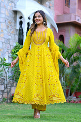 Beautiful schiffli sequence embroidery work anarkali kurti, cotton mulmul dupatta and pant set - Eraya