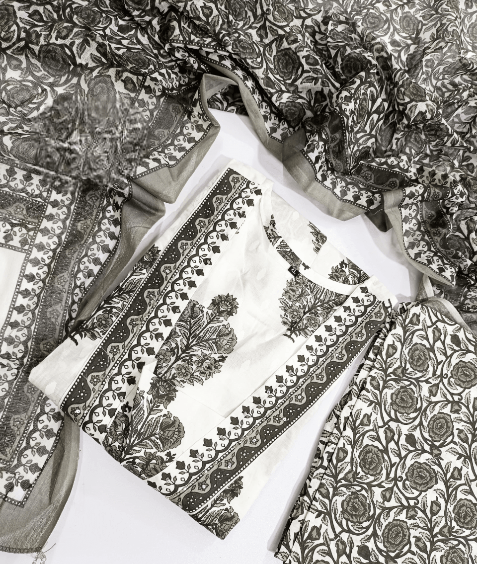 Heavy mirror work zari weaving three piece cotton kurti set - Eraya