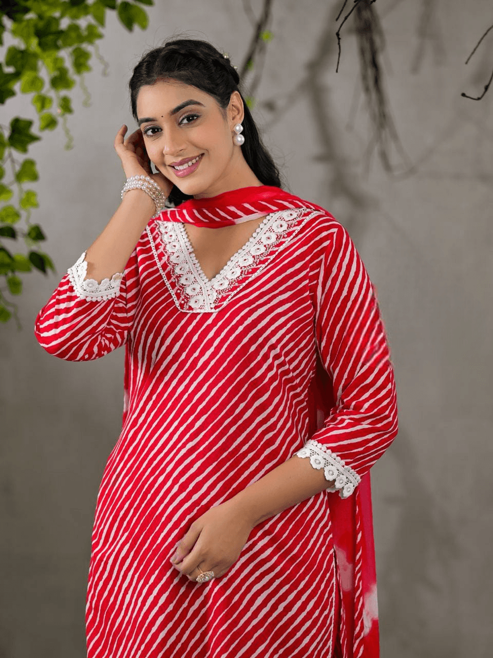Beautiful lehriya print lace decorated three piece kurta set - Eraya