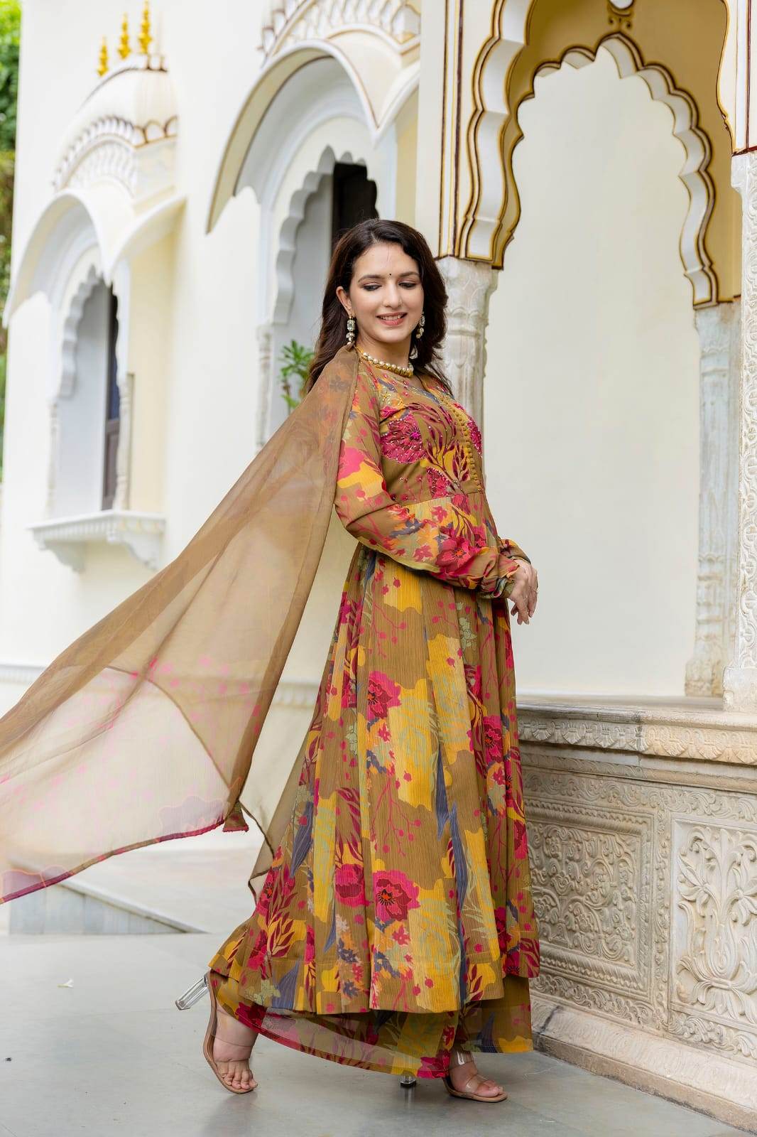 Printed chinon anarkali kurti with plazzo and dupatta - Eraya
