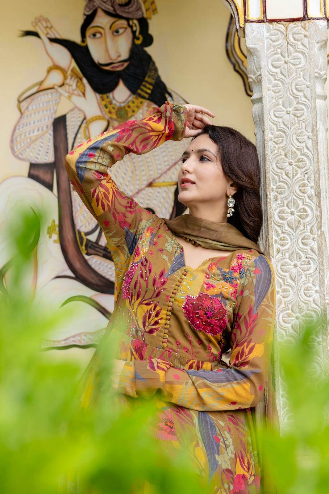 Printed chinon anarkali kurti with plazzo and dupatta - Eraya