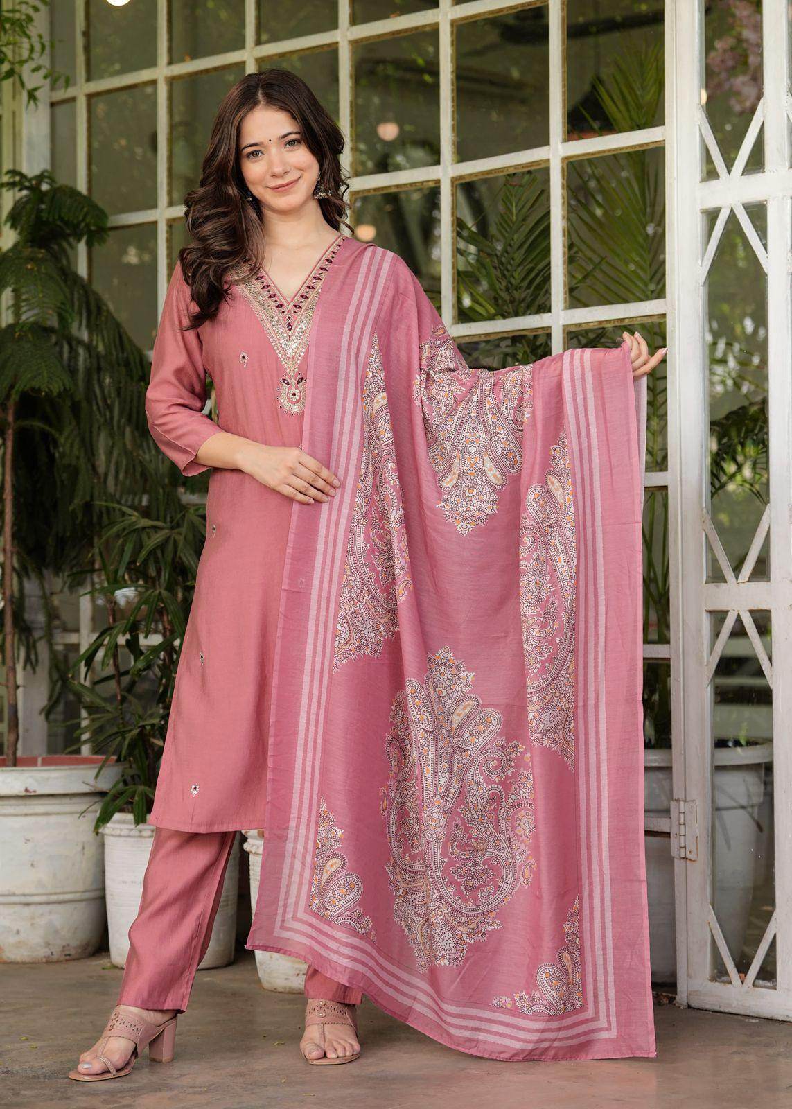 Beautiful silk fabric three piece kurti set paired with printed chanderi silk dupatta - Eraya
