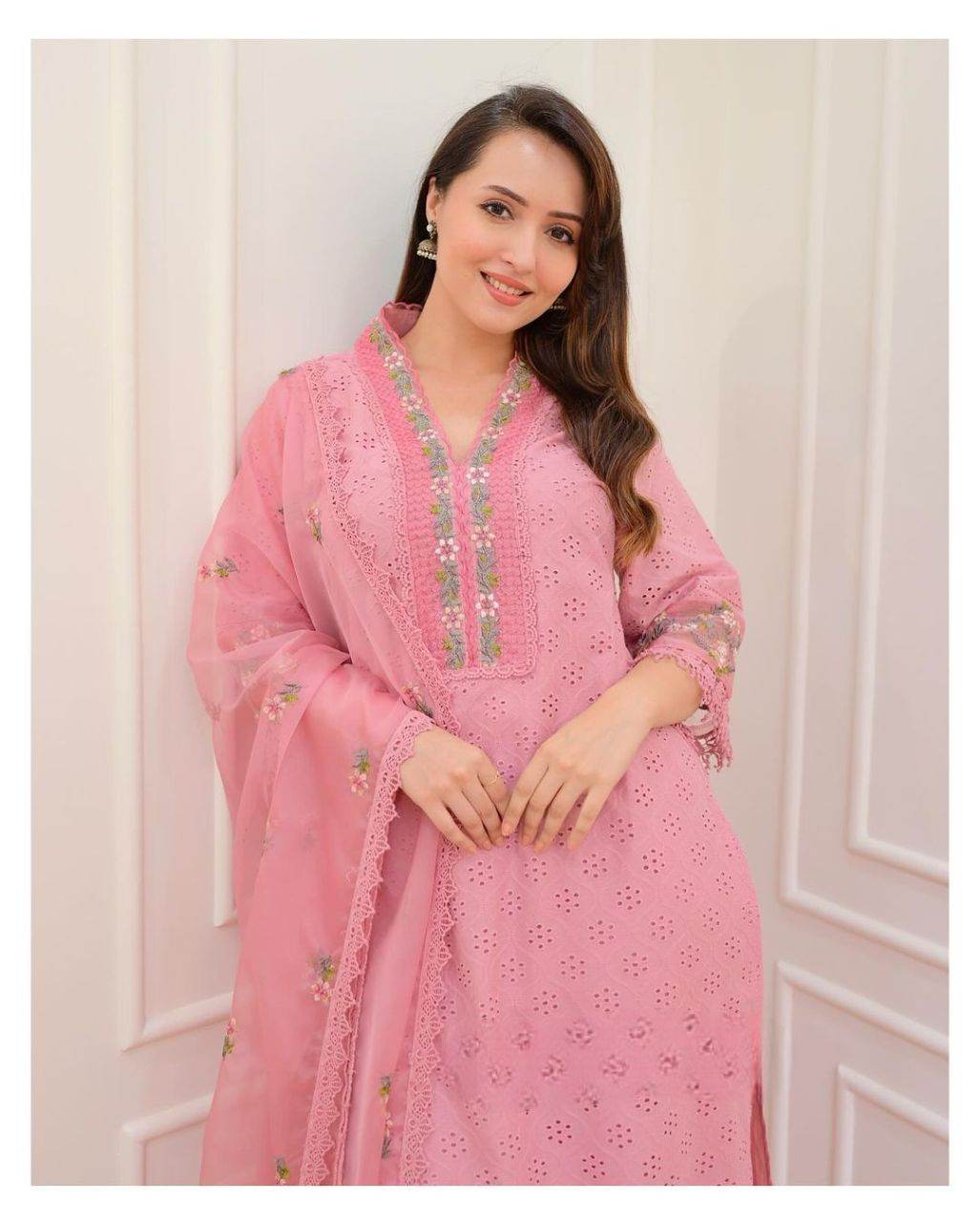 Heavy Afghani Cotton chikan suit set paired with organza dupatta - Eraya