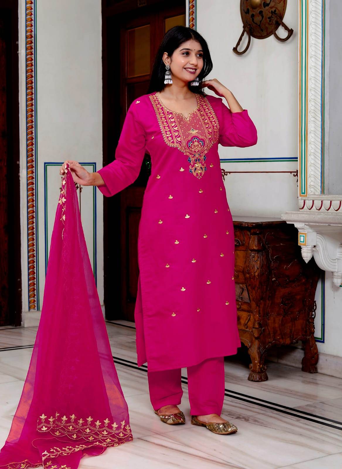 Roman silk elegant crafted kurti set with organza dupatta - Eraya