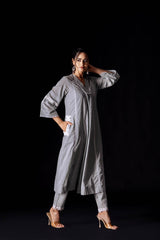 Colours of cloud: A pure cotton lace work kurti-pant set - Eraya