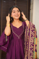 Pure chinon sequence embroidered gown with plazo and dupatta - Eraya