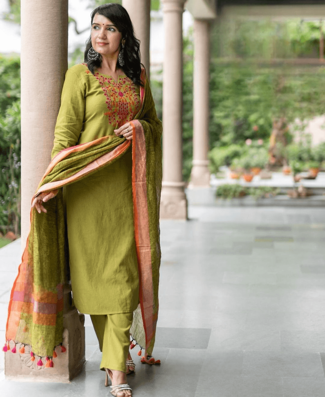 Classic aari embroidered three piece cotton kurti set - Eraya