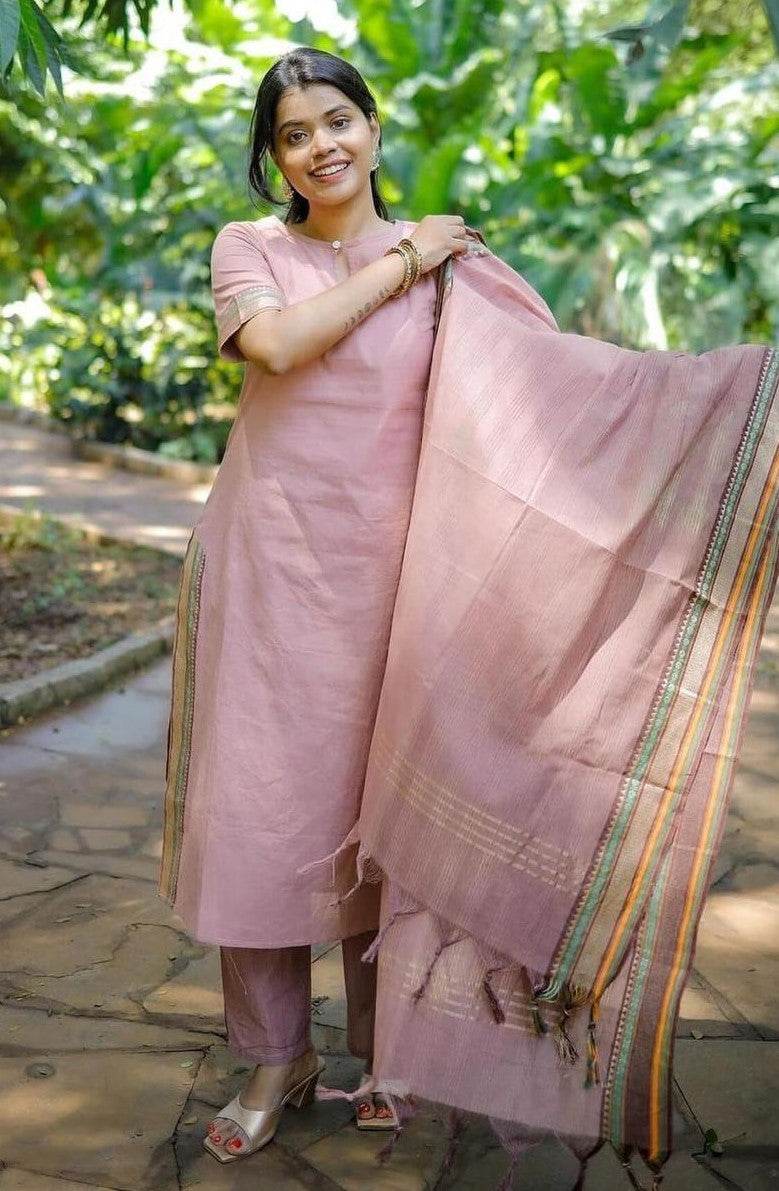 The enchanting rose gold coloured three piece kurti set - Eraya