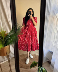 Beautiful ikat print pure cotton flared midi dress - Eraya