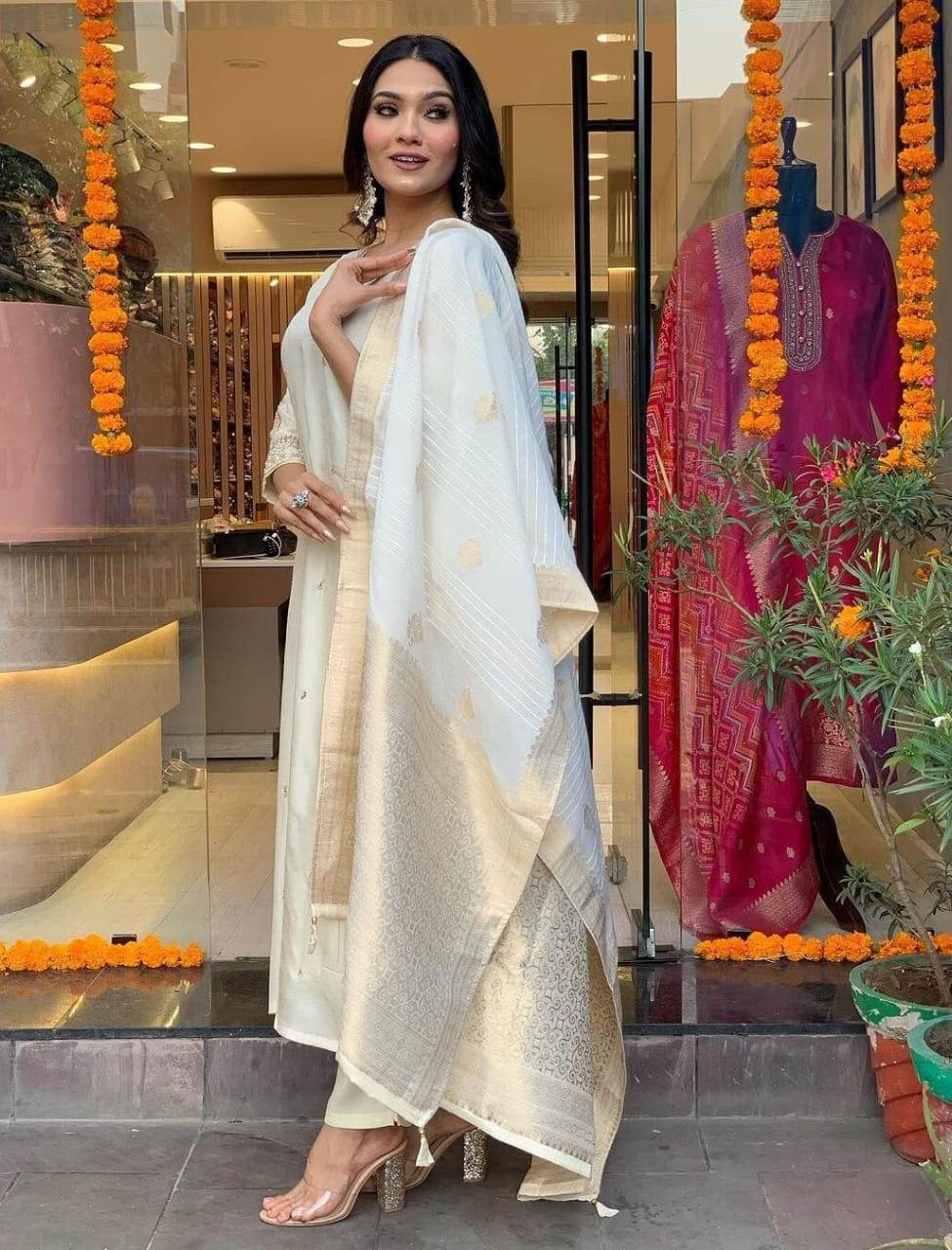 Heavy embroidered chanderi silk kurti-pant and banarasi dupatta set - Eraya