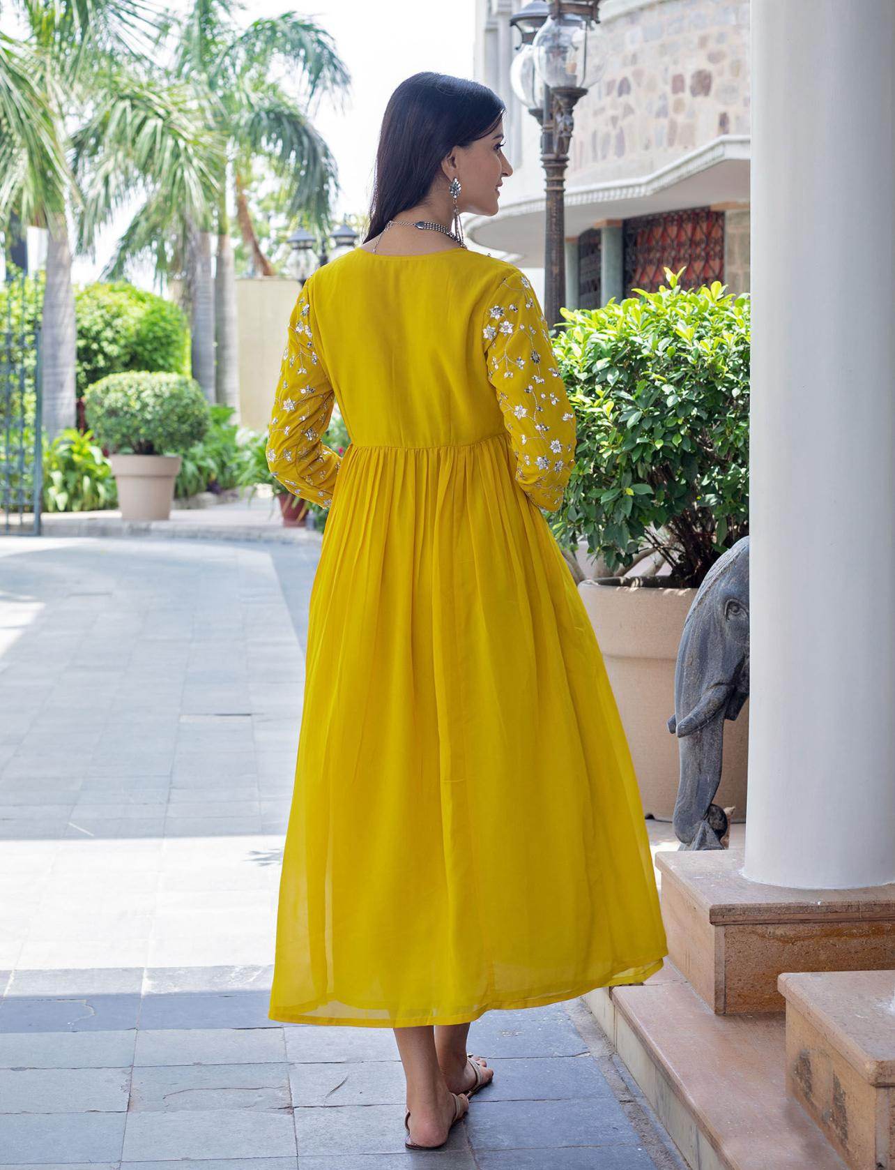 Embroidered and flared full length rayon dress - Eraya