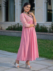 Embroidered and flared full length rayon dress - Eraya