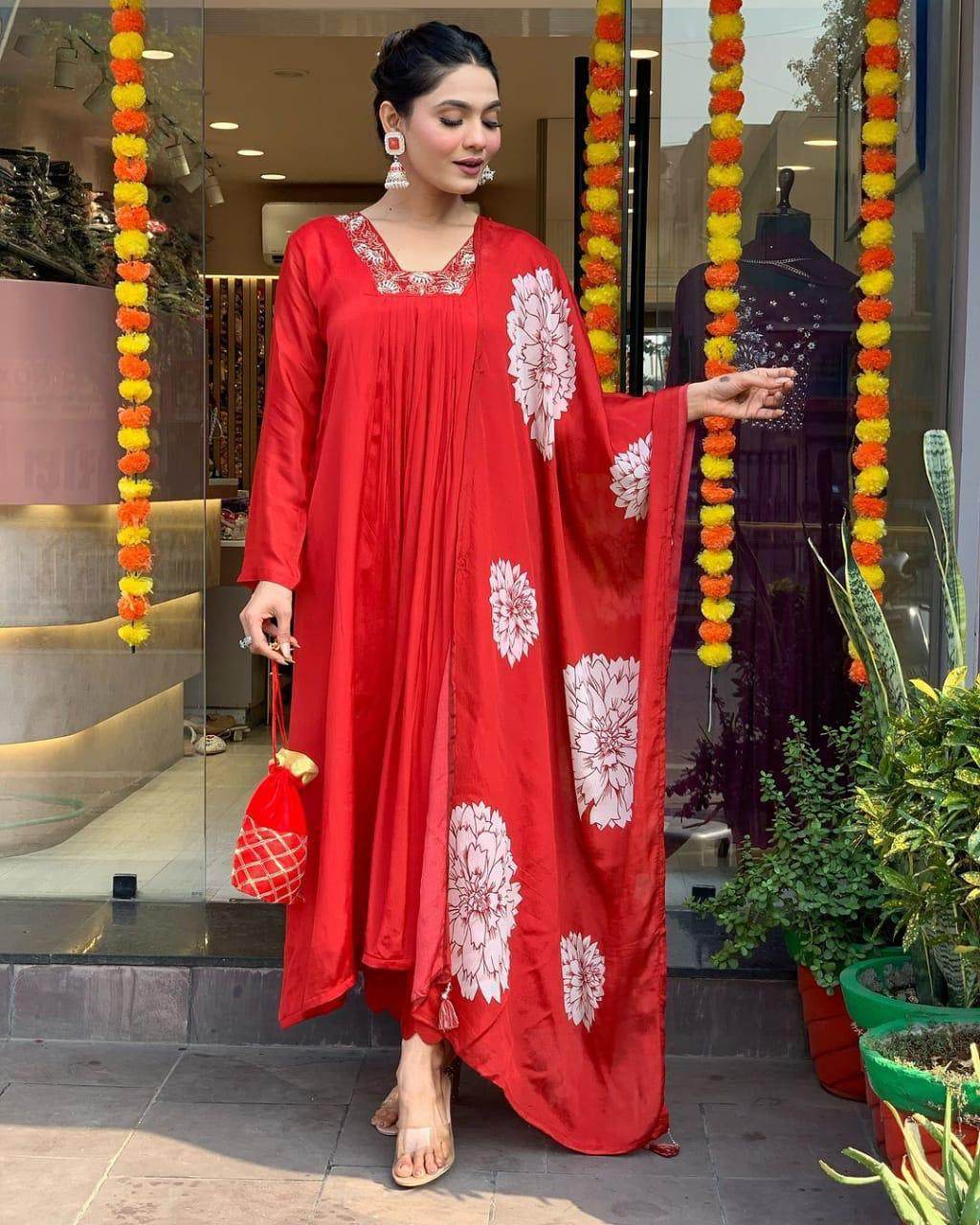 Flared adda work cotton anarkali kurti set - Eraya