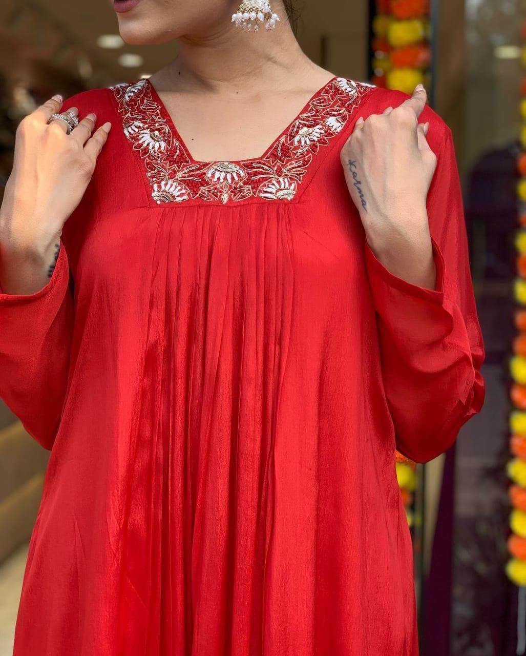 Flared adda work cotton anarkali kurti set - Eraya