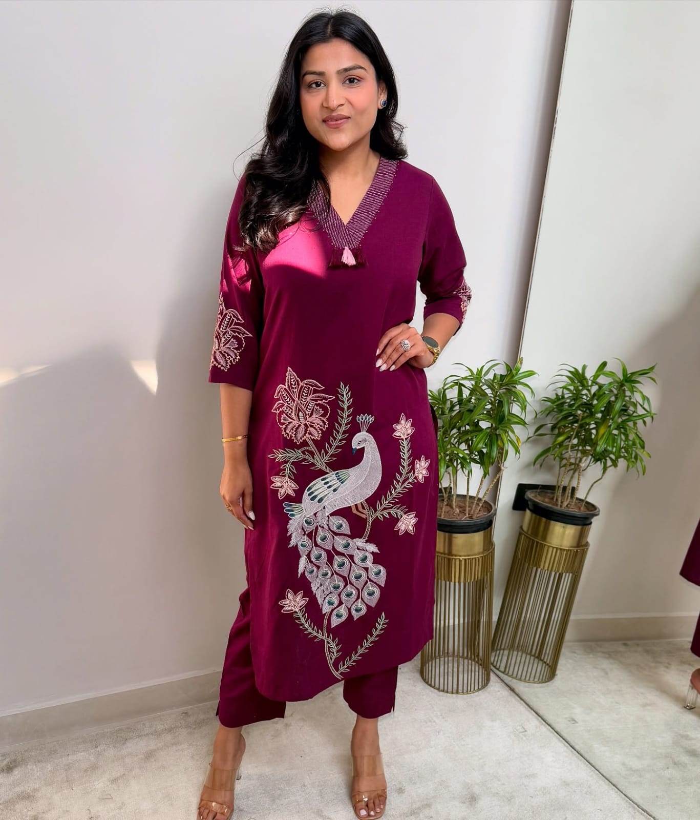 Classy embroidered cotton kurti-pant set - Eraya