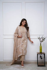 Beautiful lace work straight cotton kurti-pant and dupatta set - Eraya