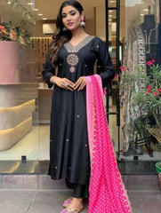 Premium banana silk kurti-pant and chinon silk dupatta set - Eraya