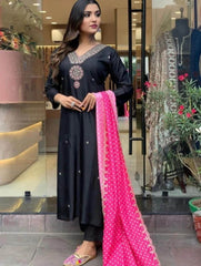 Premium banana silk kurti-pant and chinon silk dupatta set - Eraya