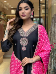 Premium banana silk kurti-pant and chinon silk dupatta set - Eraya