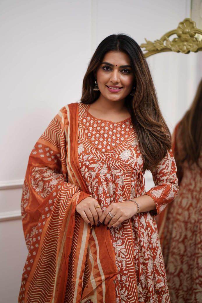 Flared sanganeri anarkali set with cotton mulmul dupatta - Eraya