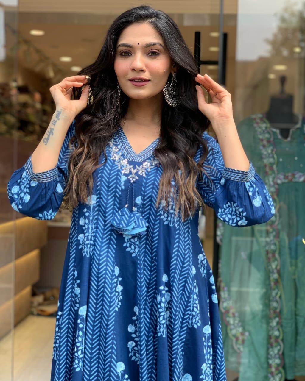 Beautiful sequence work cotton anarkali kurti set - Eraya