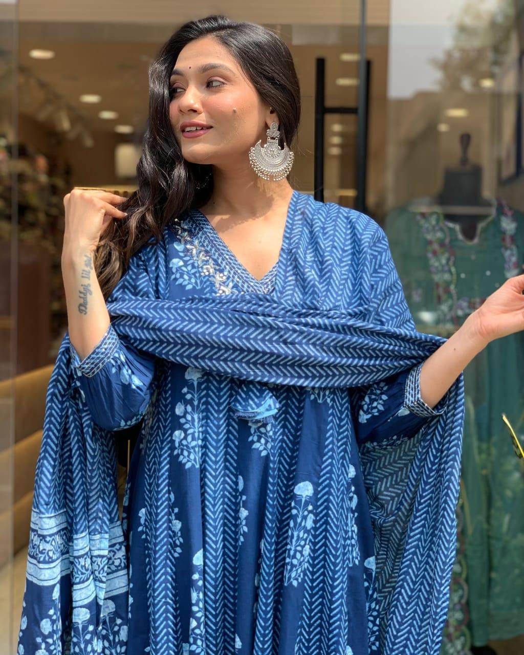 Beautiful sequence work cotton anarkali kurti set - Eraya