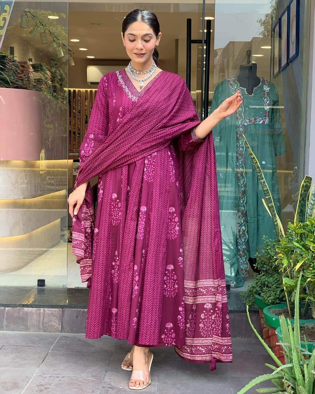 Beautiful sequence work cotton anarkali kurti set - Eraya