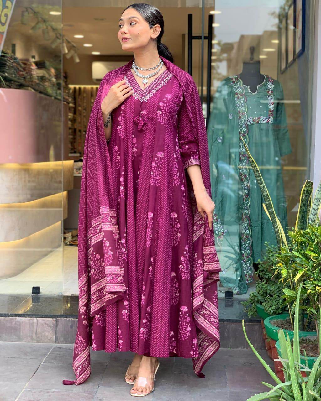 Beautiful sequence work cotton anarkali kurti set - Eraya