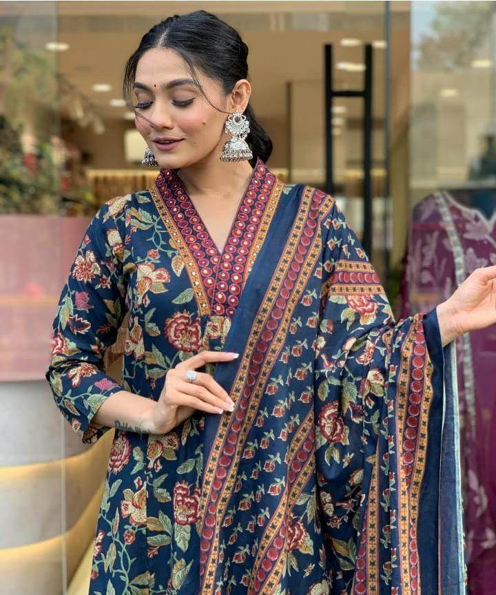 The floral cotton flared three piece kurti set - Eraya