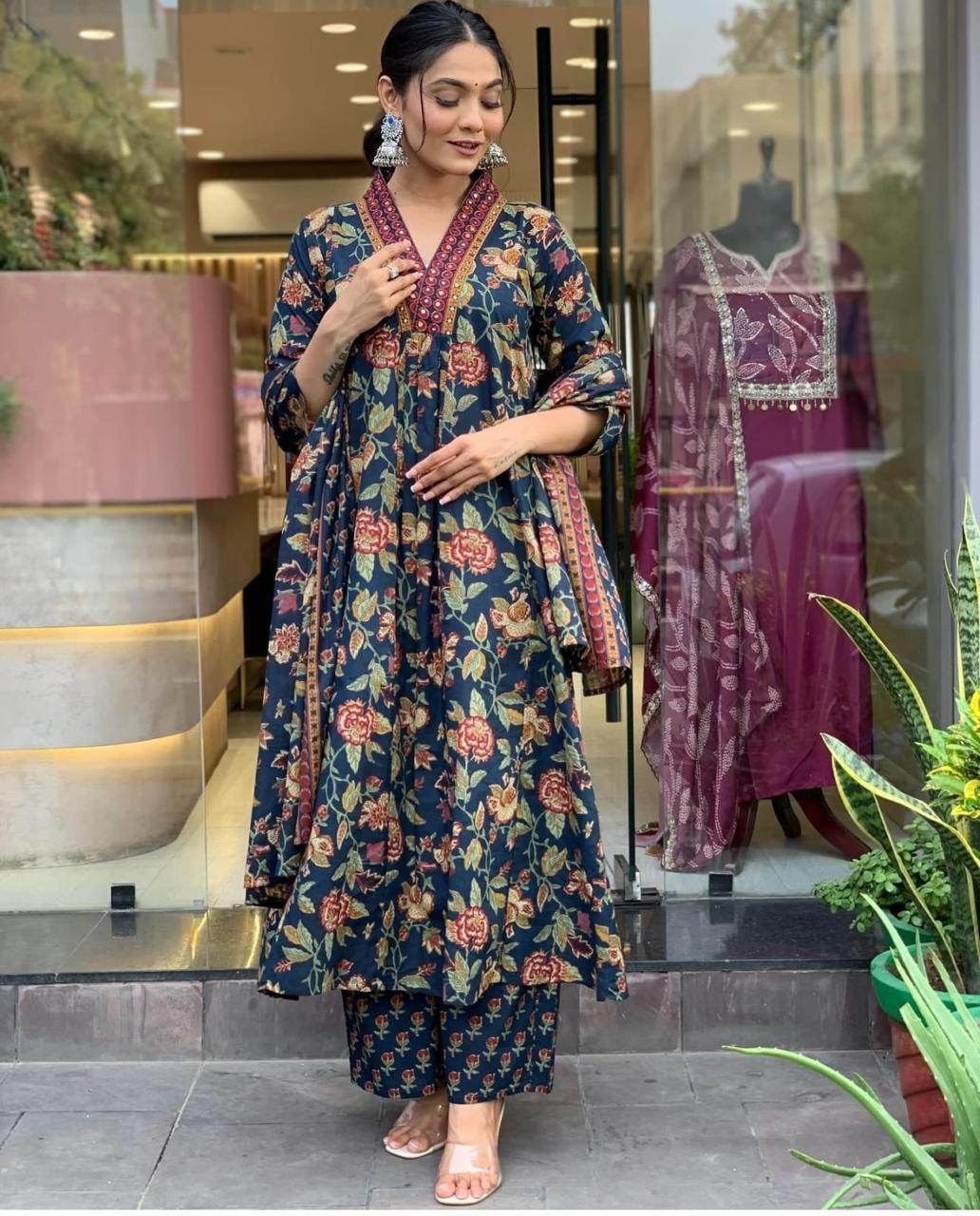 The floral cotton flared three piece kurti set - Eraya