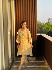 Pure maslin lace work floral printed co-ord set