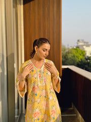 Pure maslin lace work floral printed co-ord set