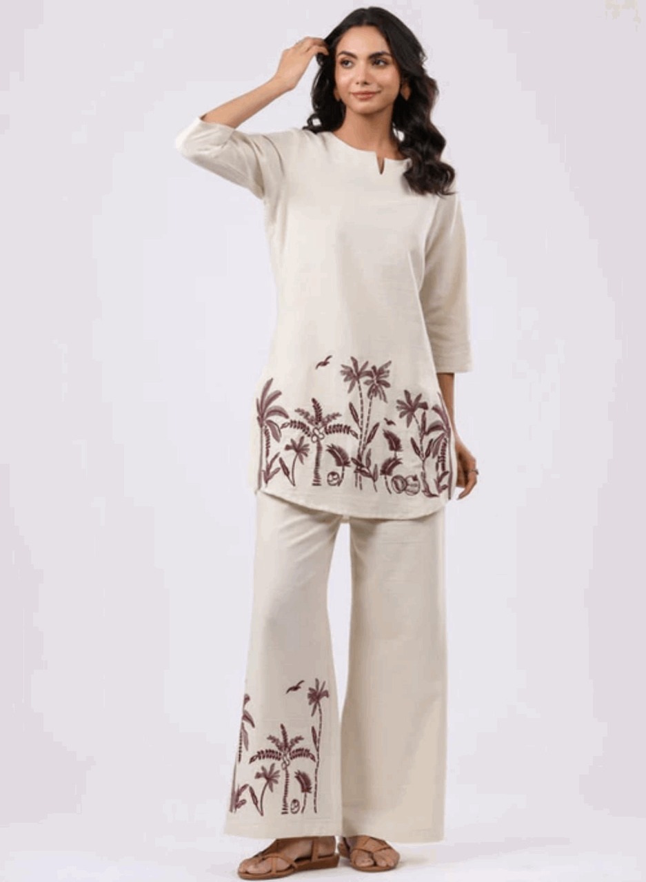 Elegant cotton flex embroidered co-ord set