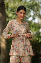 Floral Muslin Silk Printed Peplum Kurti With Palazzo Co-Ord Set