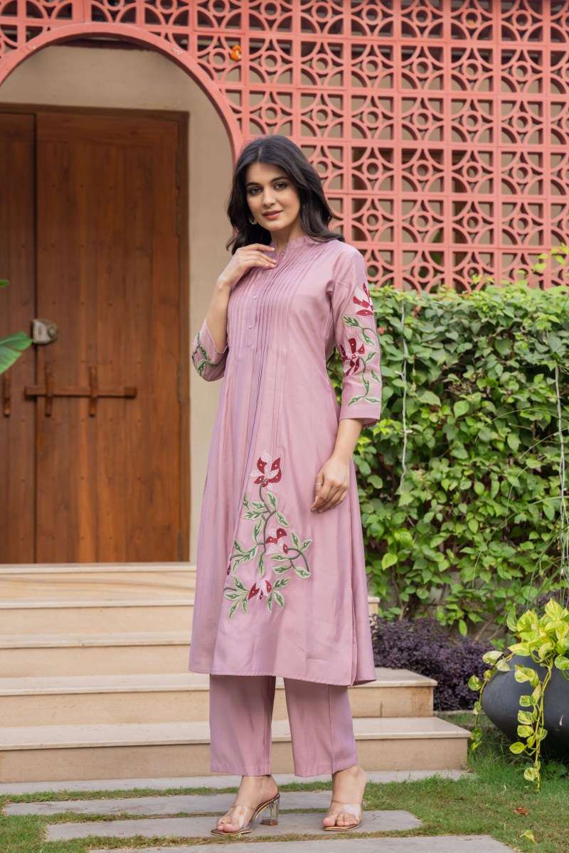 Pure cotton pleated pattern embroidered kurti-pant set