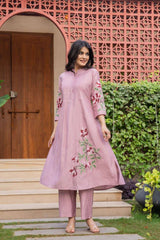 Pure cotton pleated pattern embroidered kurti-pant set