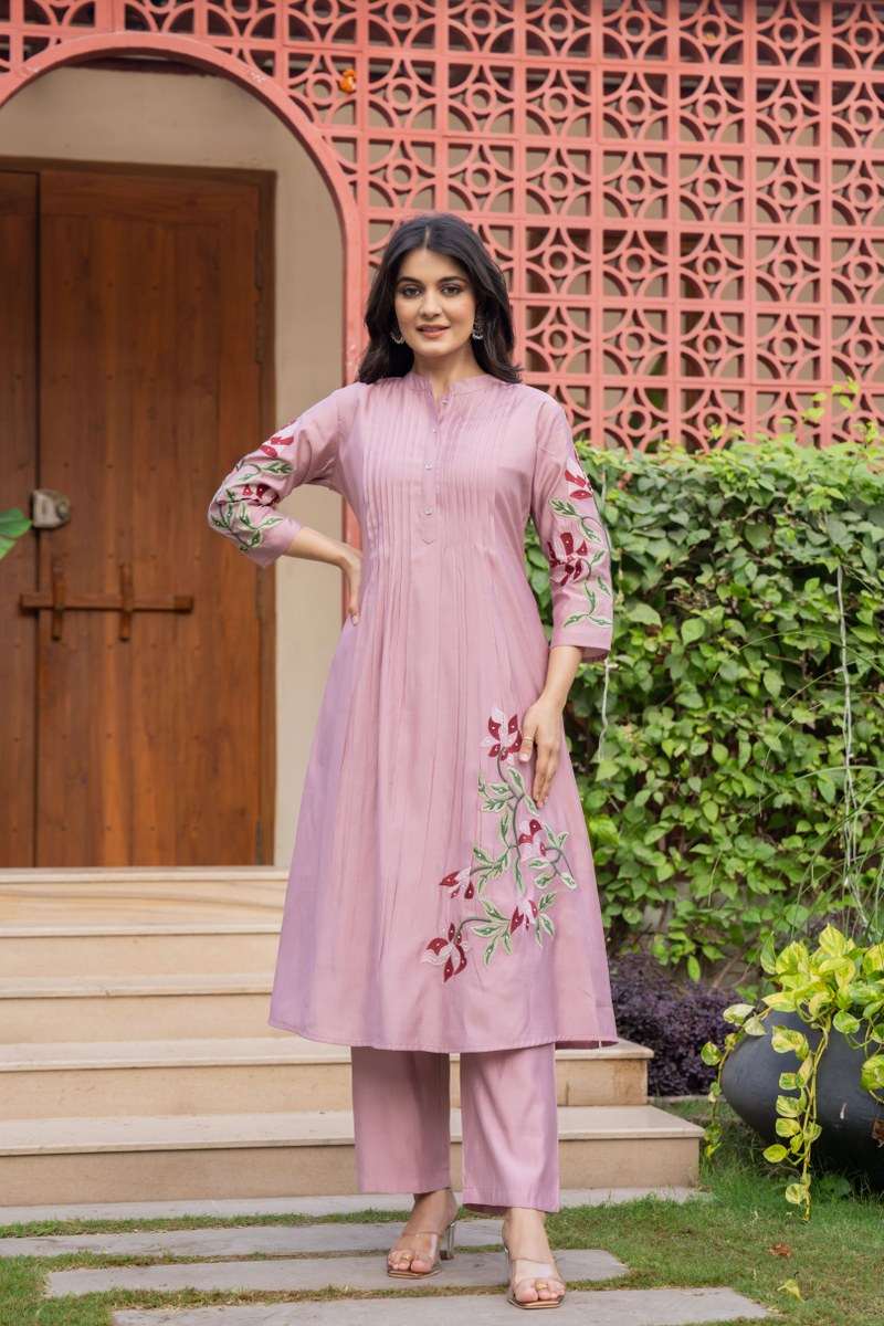 Pure cotton pleated pattern embroidered kurti-pant set